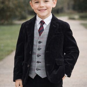 Black Velvet Blazer with Plaid Vest Set (Tie Not Included)